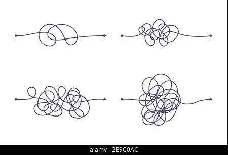 Jeu d'illustrations vectorielles complexe et simple du début à la fin. Chaos simplification, résolution de problèmes et recherche de solutions d'entreprise défi co Illustration de Vecteur