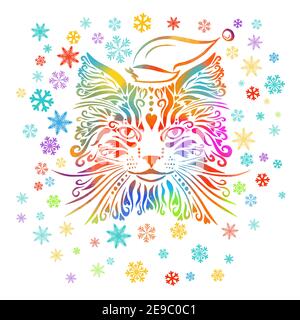 Face graphique stylisée du chat. Chat multicolore avec flocons de neige. Vecteur Illustration de Vecteur