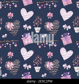 Motif aquarelle sans coutures avec coeurs et décorations pour la Saint-Valentin. Motif coeurs et rubans pour cartes de Saint-Valentin, cartes de voeux, cadeaux, t-shirts, tasses, autocollants, articles de scrapbooking et motifs. Illustration aquarelle, motif sans couture sur fond bleu Banque D'Images