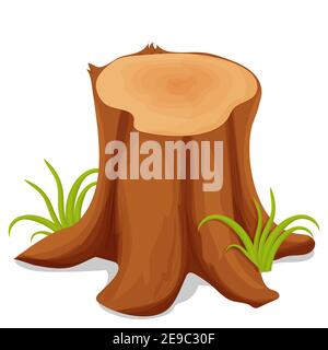 Tronc d'arbre, coupé avec herbe verte de style dessin animé isolé sur fond blanc. Élément écographique forestier. Boulder écorce ui jeu, decorati Illustration de Vecteur