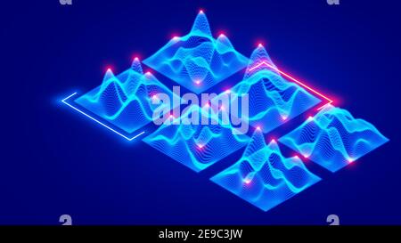 Surface de grille 3d vectorielle isométrique de données composées de points lumineux, de particules. Visualisation des Big Data. Diagrammes abstraits de la grille d'ondes de Flow Digital Illustration de Vecteur