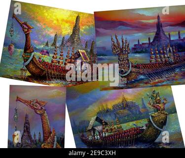 Art, peinture, couleur de l'huile, barge royale, Thaïlande , Suphannahong Boat , King's Vehicle Banque D'Images