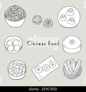 Ensemble de cuisine chinoise à la main avec nouilles, mapo tofu, niangao, boulettes, tangyuan, hee pan, youtiao, gâteau de lune. Élément design pour menu café, bist Illustration de Vecteur