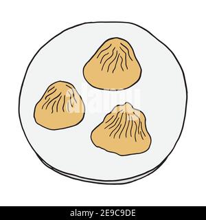 Boulettes d'nouilles dessinées à la main Xiao long Bao. Plat de cuisine chinoise. Design sketch élément pour menu café, restaurant, étiquette et emballage. Vecteur coloré Illustration de Vecteur