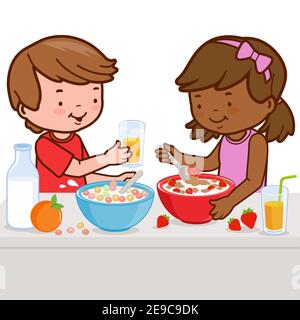 Deux enfants, une fille et un garçon, mangent leur petit déjeuner sain composé de céréales, de lait, de jus et de fruits. Banque D'Images