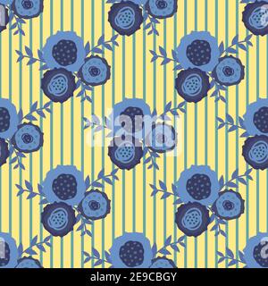 Ensemble de fleurs vectorielles et de feuilles sans couture motif bleu jaune arrière-plan. Trios de fleurs dessinées à la main sur toile de fond rayée. Diagonale Illustration de Vecteur