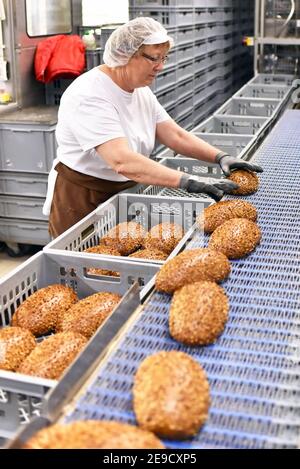 femme travaillant dans une grande boulangerie - production industrielle de produits de boulangerie sur une chaîne de montage Banque D'Images