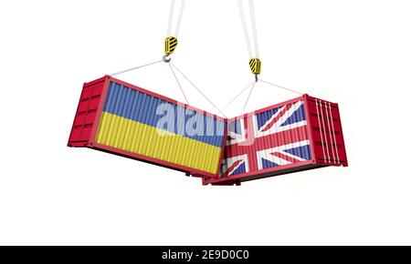 Accord commercial du Royaume-Uni et de l'ukraine. Collision avec des conteneurs de marchandises. Rendu 3D Banque D'Images