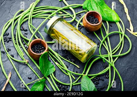 Gousses de niébé avec haricots et un pot de niébé en conserve.légumes usine Banque D'Images