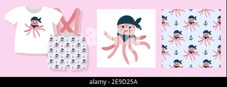 Un imprimé amusant pour les vêtements de bébé. Joli motif avec l'océan. Motif T-shirt. Illustration vectorielle. Kit de conception textile prêt à l'emploi. Motifs sans couture. Ma Illustration de Vecteur