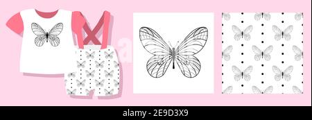 Un imprimé amusant pour les vêtements de bébé. Joli motif papillons. Motif T-shirt. Illustration vectorielle. Kit de conception textile prêt à l'emploi. Motifs sans couture. Illustration de Vecteur