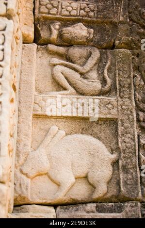 Un singe et un lapin, deux animaux dans le zodiaque chinois. Sculpture ancienne sur un mur extérieur du temple de Baphuon, partie d'Angkor Thom, Cambodge. Ancien c Banque D'Images