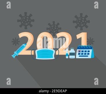 covid19 particules de virus avec 2021 ans et vecteur d'icônes de vaccin conception de l'illustration Illustration de Vecteur