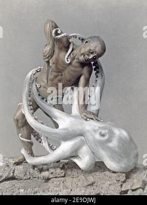 Photographie de la fin du XIXe siècle - sculpture en bois d'un homme tuant le géant Octopus. Japon. c.1890 Banque D'Images