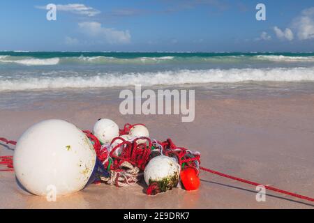 Des flotteurs blancs rouges et des cordes se sont posé sur une côte de sable humide sur la plage Banque D'Images