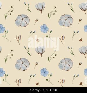 Fleurs en lin et pétons de coton aquarelle motifs sans couture sur fond beige. Banque D'Images