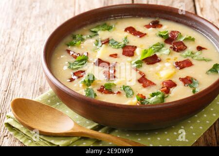 Soupe de pois et d'orge de Rumfordsuppe avec bacon en gros plan dans une assiette sur la table. Horizontale Banque D'Images