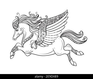 Magnifique Pegasus volant. Illustration de contour noir et blanc vectoriel pour la page de coloriage. Pour la conception de tirages, affiches, cartes postales, livres à colorier, Illustration de Vecteur