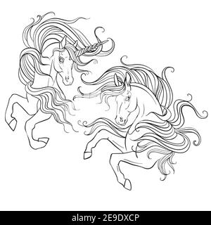 Deux licornes avec une longue manes. Illustration de contour noir et blanc vectoriel pour la page de coloriage. Pour la conception de tirages, affiches, cartes postales, autocollants, Illustration de Vecteur