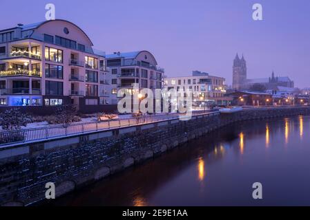 Magdebourg, Allemagne. 29 janvier 2021. Des appartements modernes se tiennent sur l'Elbe. Derrière elle, vous pouvez voir la cathédrale de Magdeburg. Credit: Stephan Schulz/dpa-Zentralbild/ZB/dpa/Alay Live News Banque D'Images