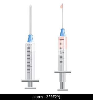 jeu d'icônes de seringue médicale. Les seringues sont remplies de vaccin, de médicaments. Illustration de seringues médicales avec aiguille de style minimaliste plat Illustration de Vecteur