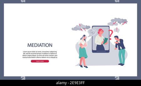 Modèle de bannière de site Web de médiation des affaires dans les négociations avec un médiateur résoudre les conflits en ligne et discuter des personnes, illustration vectorielle plate. Bus Illustration de Vecteur