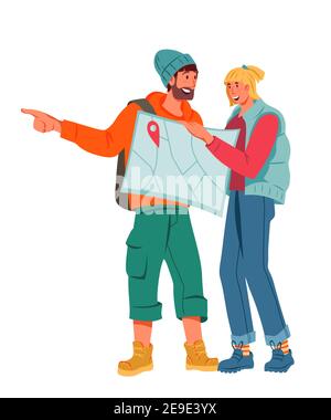 Couple de touristes sur la carte de vacances, illustration vectorielle plate isolée sur fond blanc. Voyageurs - randonneurs ou touristes choisissant un ro Illustration de Vecteur