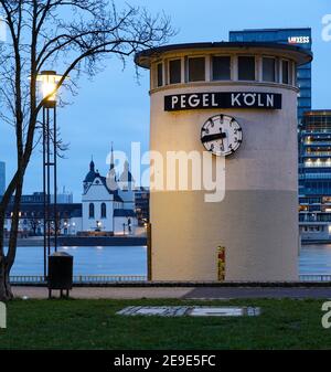 COLOGNE, ALLEMAGNE - 31 janvier 2021 : marée haute indiquée à la jauge de profondeur du Rhin à Cologne Banque D'Images