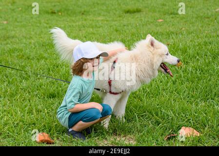 Un petit garçon enchâssant un chien blanc doux et doux qui rit dans le parc ou qui pousse l'herbe sur fond. Banque D'Images