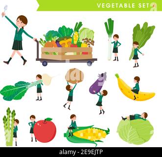 Un ensemble de fille d'école et légumes.type A.c'est l'art vectoriel si facile à éditer. Illustration de Vecteur