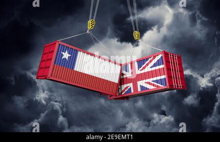 Accord commercial du Royaume-Uni et du Chili. Collision avec des conteneurs de marchandises. Rendu 3D Banque D'Images