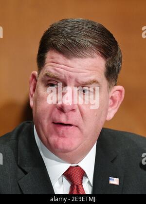 Marty Walsh témoigne devant le Comité sénatorial de la santé, de l'éducation, du travail et des pensions de sa nomination au poste de prochain secrétaire au travail, dans le bâtiment Dirksen du Bureau du Sénat à Capitol Hill à Washington, DC, le 4 février 2021.Credit: Mandel Ngan/Pool via CNP | usage dans le monde entier Banque D'Images