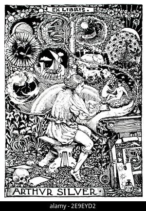 Design de bibliothèque très orné pour le fondateur de Silver Studio Arthur Silver, illustration de ligne par Alan Wright, en 1893 volume 1 du Studio an Illustrated Magaz Banque D'Images