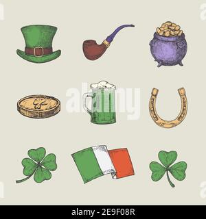 Collection d'illustrations de Saint Patricks de style rétro. Chapeau de Leprechaun dessiné à la main, pièces de monnaie, Shamrock, drapeau irlandais, et ensemble de symboles ou d'icônes d'esquisse de bière Illustration de Vecteur