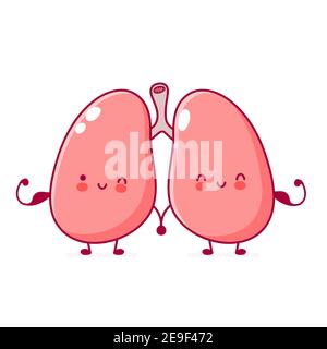 Mignon drôle fort d'organe humain poumons caractère. Icône d'illustration de personnage de dessin animé kawaii à lignes planes vectorielles. Isolé sur fond blanc. Notion de caractère d'organe de poumons Illustration de Vecteur