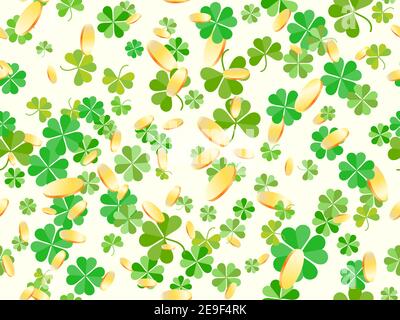 Pièces de monnaie dorées et motif trèfle sans couture. Bonne Saint Patrick. Fond de fête pour les produits publicitaires, les cartes postales et l'impression. Vecteur illustrat Illustration de Vecteur