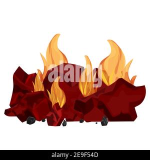 Pile de charbon, charbon brûlant dans la flamme isolée sur fond blanc. Feu de joie lumineux et détaillé dans un style de dessin animé, un clipart ou un élément de design. Barbecue, Illustration de Vecteur