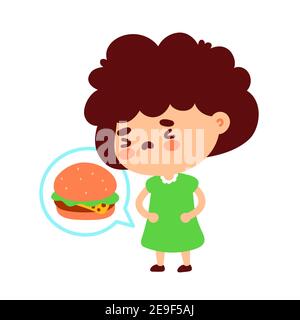 Mignonne petite fille affamée pense au hamburger. Isolé sur fond blanc. Dessin d'icône d'illustration de personnage de dessin animé vectoriel. Faim, concept alimentaire Illustration de Vecteur