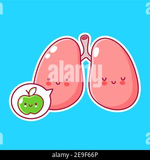 Mignon drôle d'organe de poumons humains caractère avec pomme dans la bulle de parole. Icône d'illustration de personnage de dessin animé kawaii à lignes planes vectorielles. Notion de caractère d'organe de poumons Illustration de Vecteur