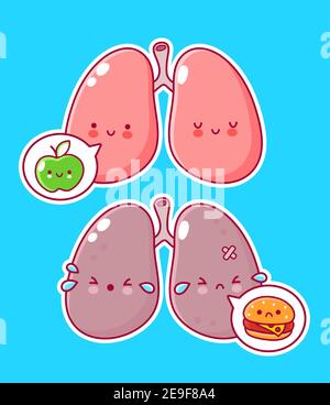 Mignon drôle d'organe de poumons humains personnage avec pomme et hamburger dans le jeu de bulle de parole. Icône d'illustration de personnage de dessin animé kawaii à lignes planes vectorielles. Notion de caractère d'organe de poumons Illustration de Vecteur