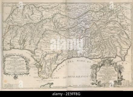 PARTE MERIDIONAL DE LAS COSTAS d'ESPANÃÉAS con Los REYNOS de GRANADA y ANDALUCIA y poblaciones de los antiguos Reynos de CORDUÃàA, de SEVILLA, y IAEN. Con to dos los appellidos antiguos de las Ciudades Principales pa auteur Nolin, Jean Baptiste 72.2. Lieu de publication: [Madrid] ;[Paris] ;[Bruxelles] Editeur: En Madrid en casa de Thomas Lopez pensionista de S.M.ca, 1762. : A Paris sur le Quay de l'horloge du Palais a l'enseigne de la place des victoires vers le Pont-neuf. Avec privilège du Roy. : et a Bruxelles chez Iean Leonard libreire RueÃà de la Cour Banque D'Images