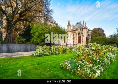 Le jardin le long de la cathédrale notre-Dame sur l'Ile de la Cité à Paris France près de la statue en bronze du Pape Jean-Paul II au début de l'automne. Banque D'Images