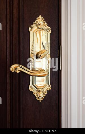 Photographie d'un bouton de porte élégant sur une porte en bois Banque D'Images