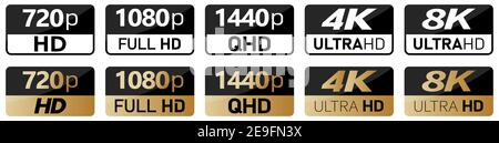 Icônes de résolution d'écran ou vidéo noir, blanc et doré. Réglez de 720p à 8k Illustration de Vecteur