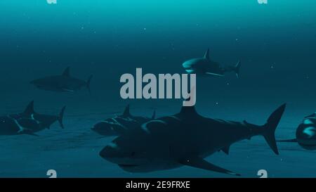 Grands requins blancs nageant dans l'eau bleu profond de l'océan, scène sous-marine de requins blancs.3D rendu Banque D'Images