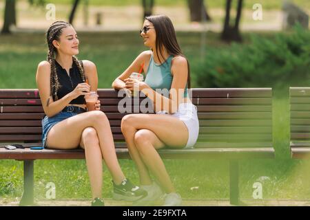 Photo à travers les buissons de parc de deux jeunes femmes joyeuses qui boivent leur smoothies en étant assis sur un banc à l'extérieur Banque D'Images