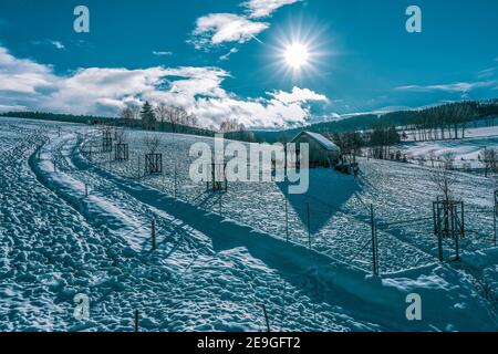 Tenue de gibier agricole en hiver. Banque D'Images