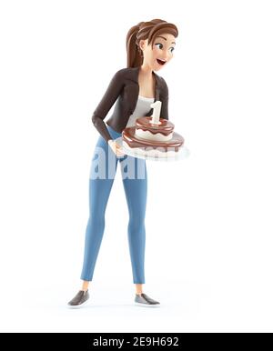 dessin animé 3d femme tenant un gâteau d'anniversaire, illustration isolée sur fond blanc Banque D'Images