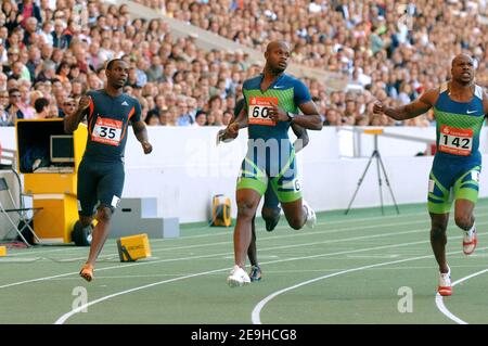 Asafa Powell, de Jamaïque, remporte des hommes de 100 mètres à la finale mondiale de l'athlétisme de l'IAAF, à Stuttgart, en Allemagne, le 9 septembre 2006. Photo de Stéphane Kempinaire/Cameleon/ABACAPRESS.COM Banque D'Images