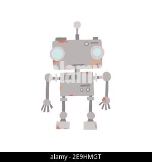 Rétro vintage drôle robot icône en style plat isolé sur fond gris. Illustration vectorielle vintage de l'icône Chatbot plate. Assistance clientèle Illustration de Vecteur